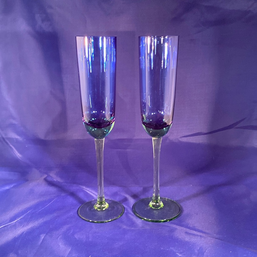2 Festival Green Blue Block Champagne Flute Glass Stemmed 10.25" Hand Crafted